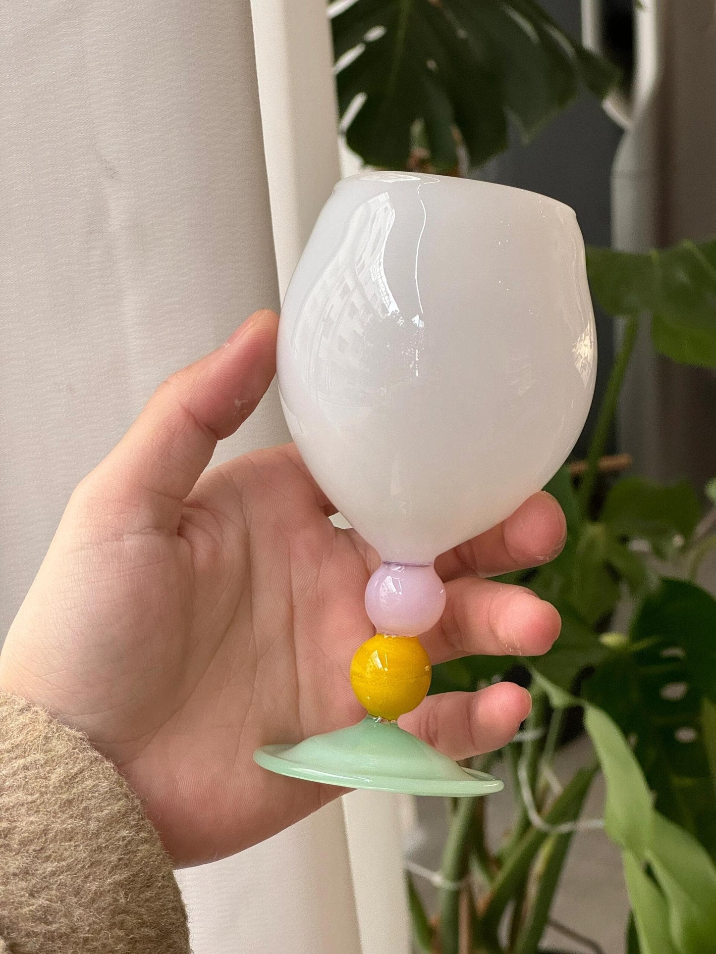 Handmade Modern Abstract Wine Glass - Geometric Pastel Goblet for Art Lover Gift, Unique Memphis Style Barware, Funky Colorful Stemware