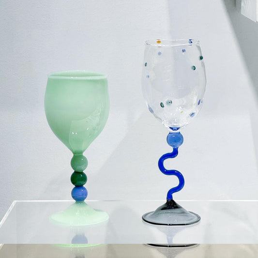 Handmade Aesthetic Wine Glass - Colorful Beaded Stem Goblet for Home Bar Decor, Unique Gift, Wavy Stem Glassware for Dinner Party